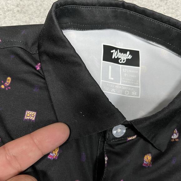 Waggle Polo Shirt Mens L Black All Over Print Performance Golf Stretch AOP - Picture 5 of 9